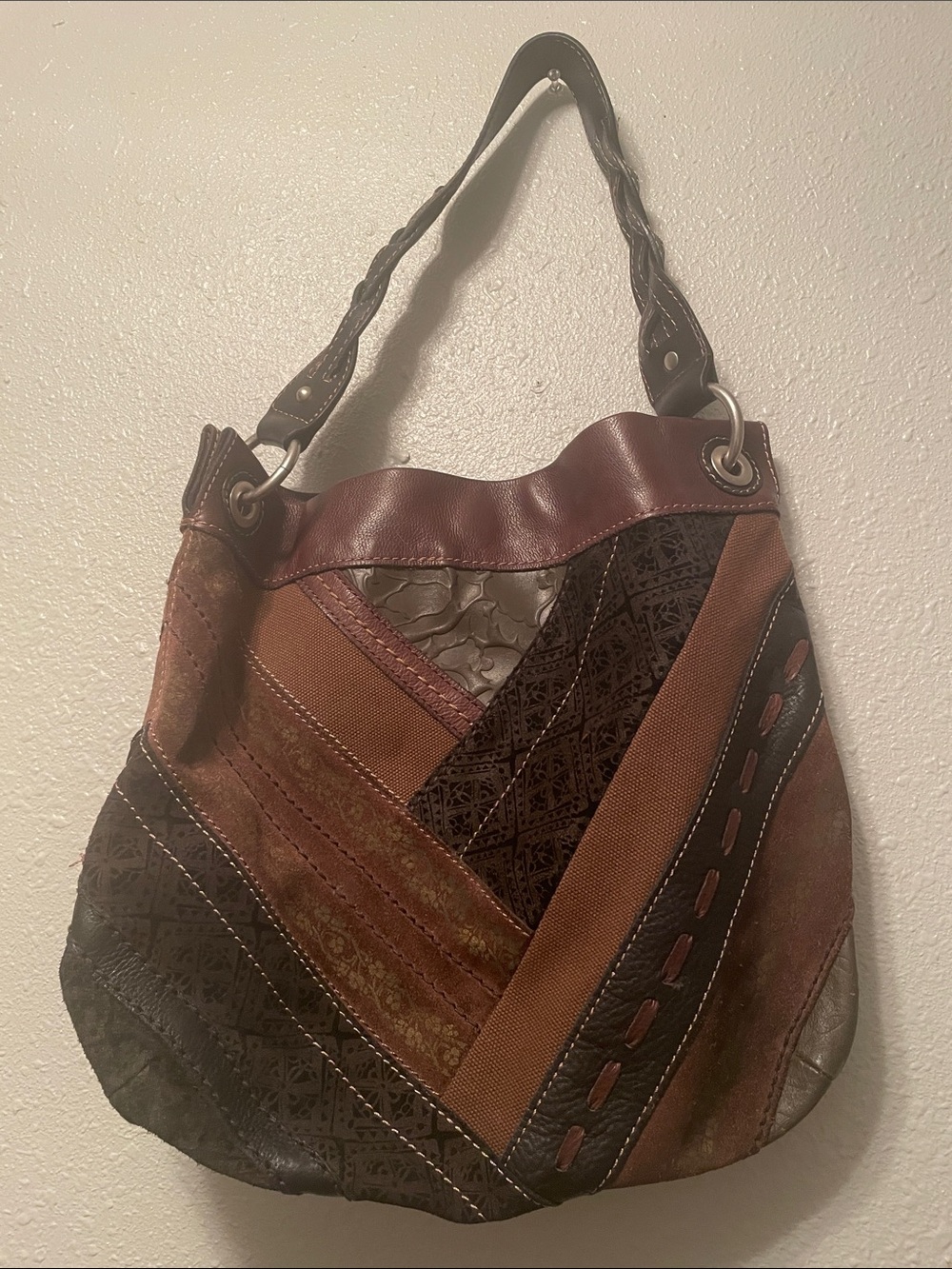 Fossil Patchwork Shoulder Bag in Brown and Tan leather